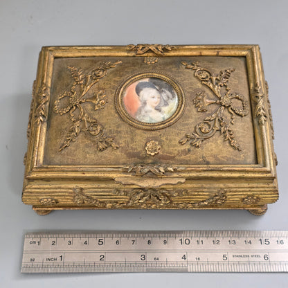 Antique French Gilt Bronze Brass Jewellery Casket Miniature Portrait Box 19thc