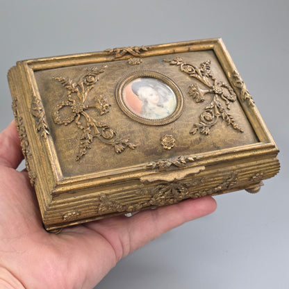Antique French Gilt Bronze Brass Jewellery Casket Miniature Portrait Box 19thc