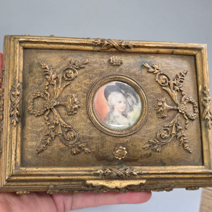 Antique French Gilt Bronze Brass Jewellery Casket Miniature Portrait Box 19thc