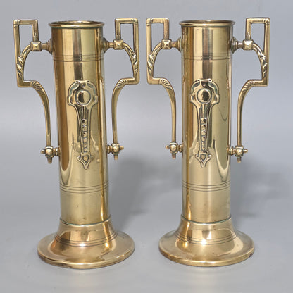 Pair Antique Arts & Crafts Brass Twin Handled Vases C1910 Decorative Brass Urns