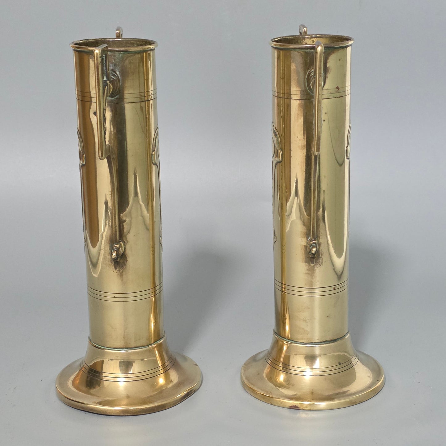 Pair Antique Arts & Crafts Brass Twin Handled Vases C1910 Decorative Brass Urns