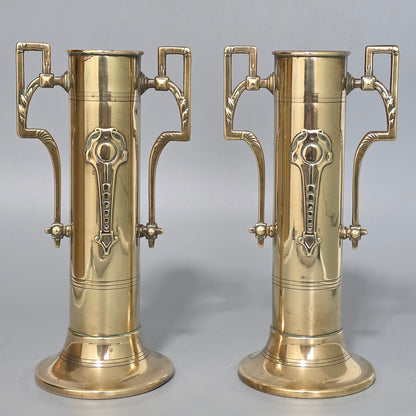 Pair Antique Arts & Crafts Brass Twin Handled Vases C1910 Decorative Brass Urns