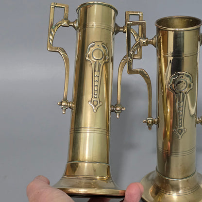 Pair Antique Arts & Crafts Brass Twin Handled Vases C1910 Decorative Brass Urns