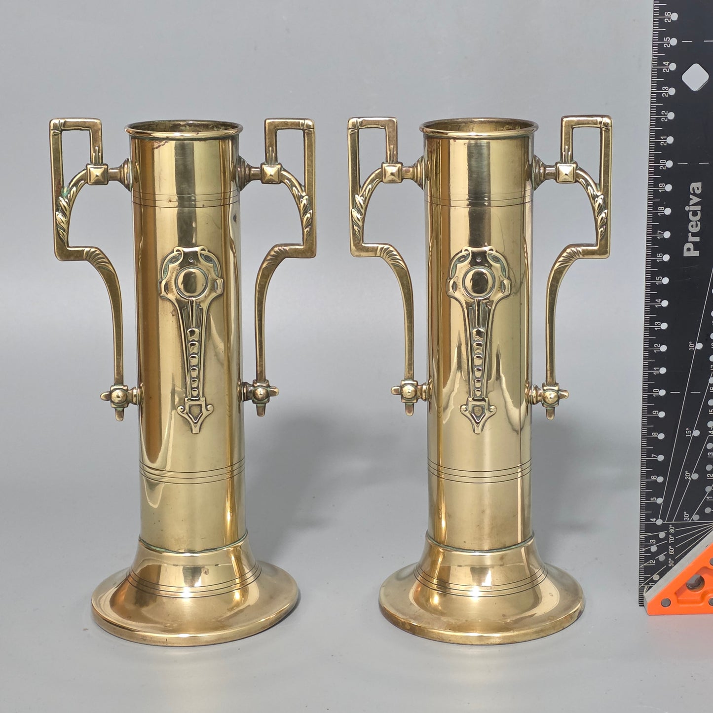 Pair Antique Arts & Crafts Brass Twin Handled Vases C1910 Decorative Brass Urns