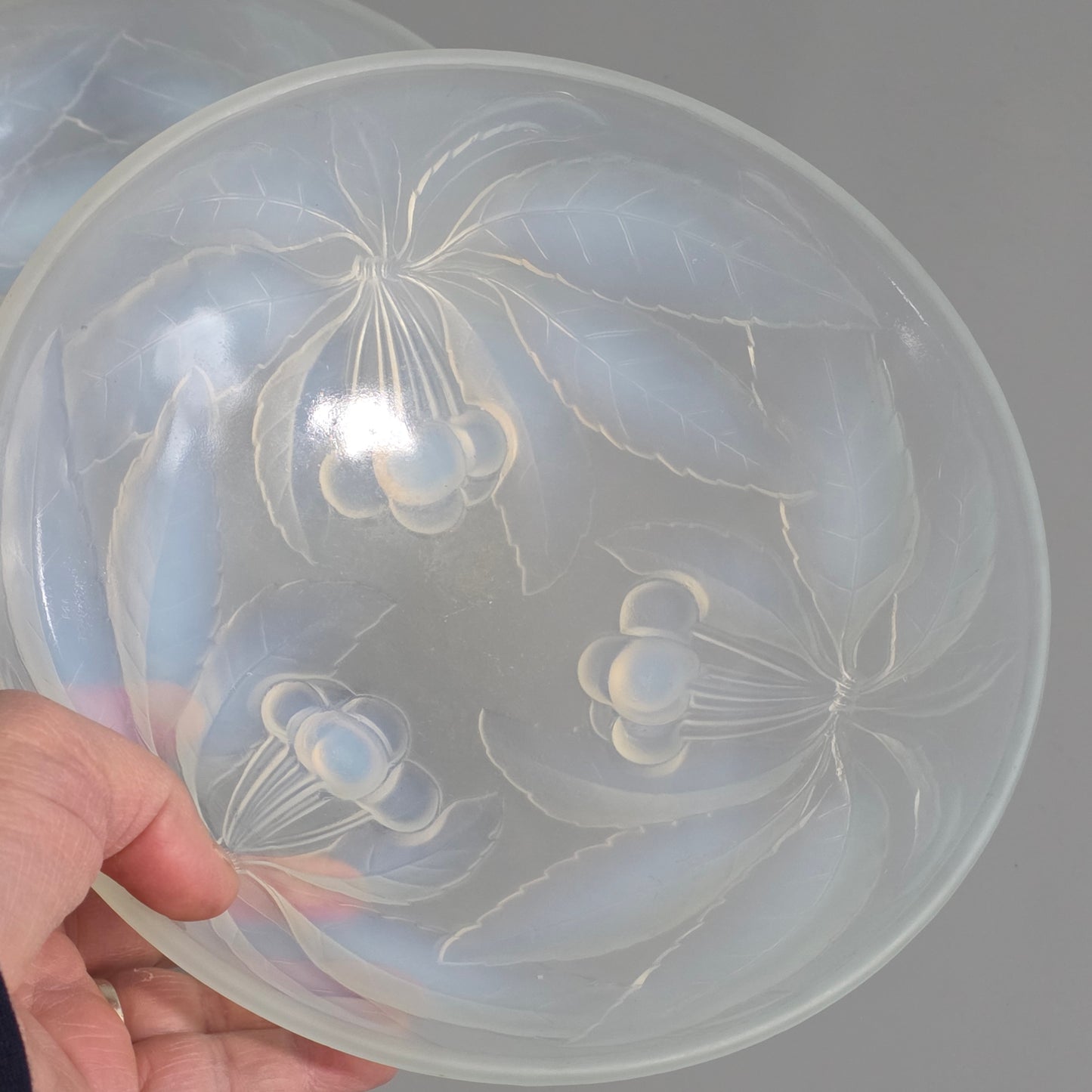 Pair of Signed 1930s French Opalescent Glass Bowls – G Vallon – Vintage Cherries Design