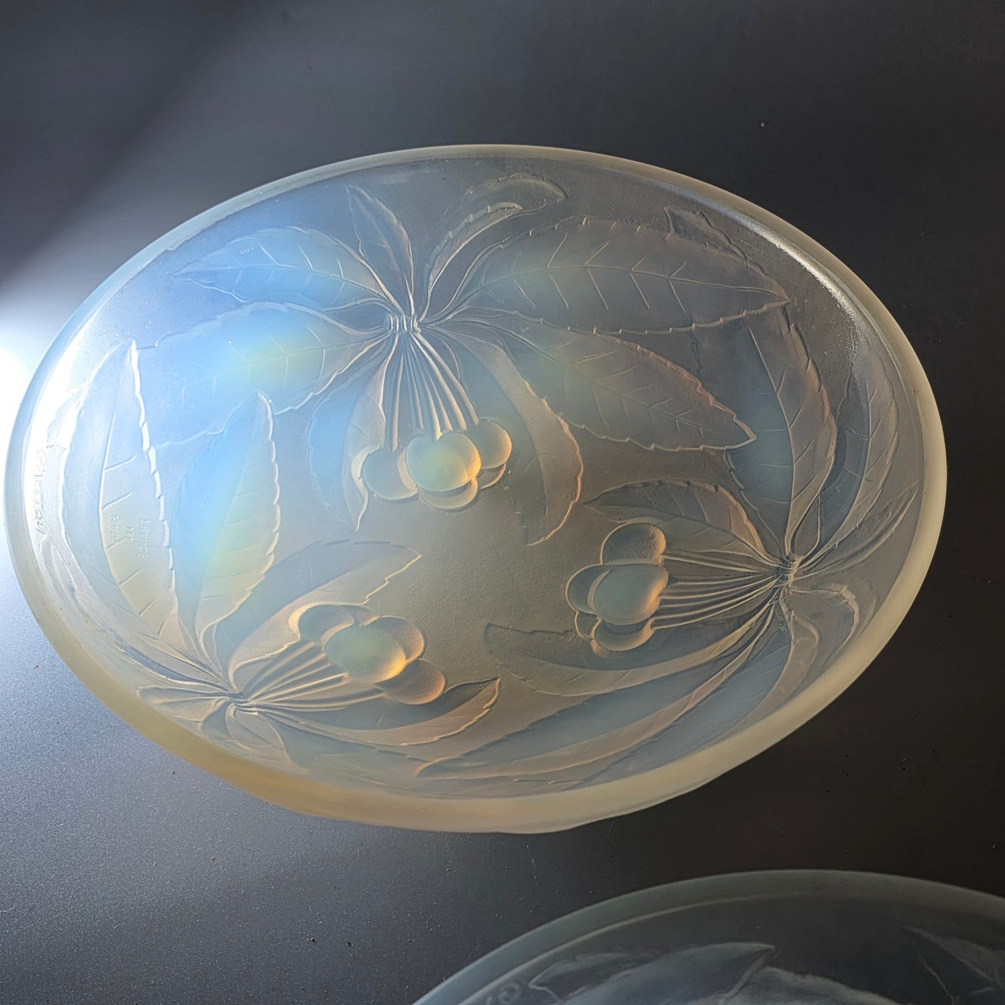 Pair of Signed 1930s French Opalescent Glass Bowls – G Vallon – Vintage Cherries Design