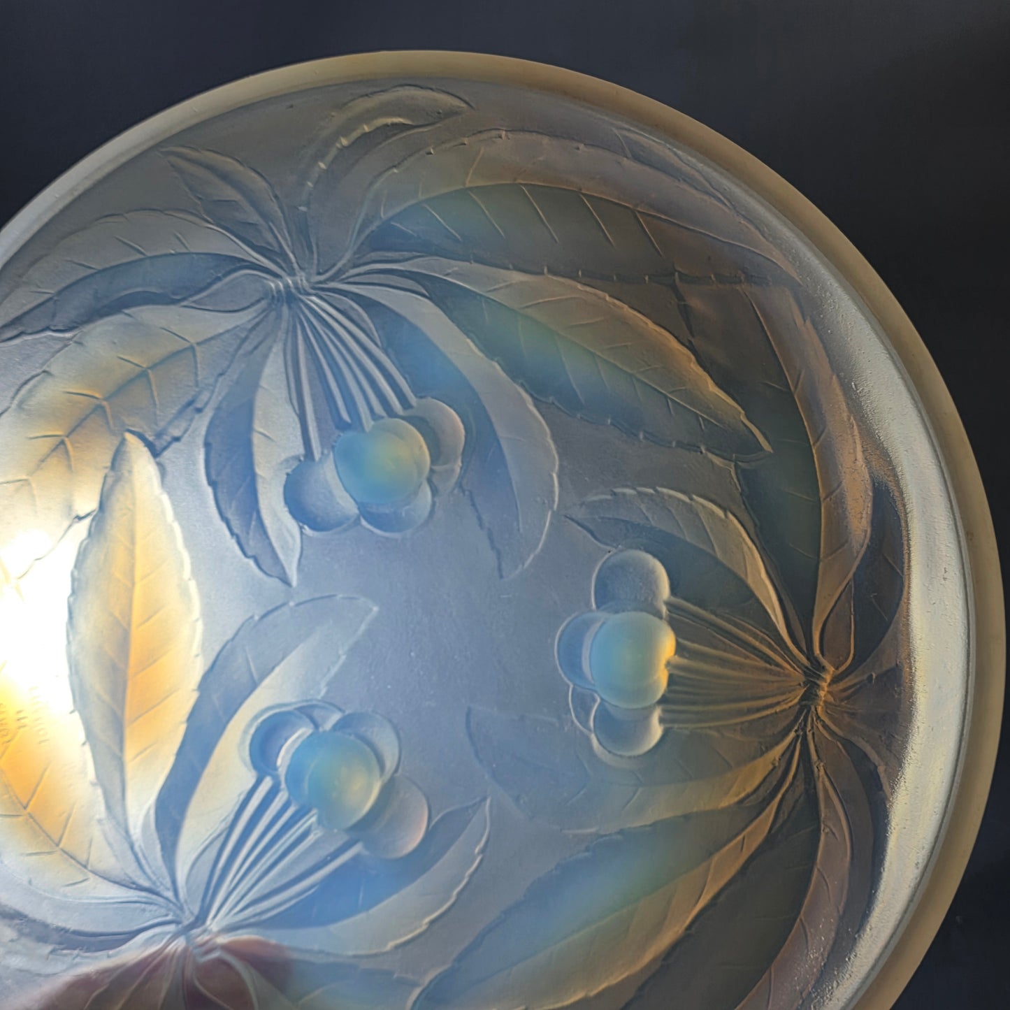 Pair of Signed 1930s French Opalescent Glass Bowls – G Vallon – Vintage Cherries Design