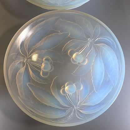 Pair of Signed 1930s French Opalescent Glass Bowls – G Vallon – Vintage Cherries Design