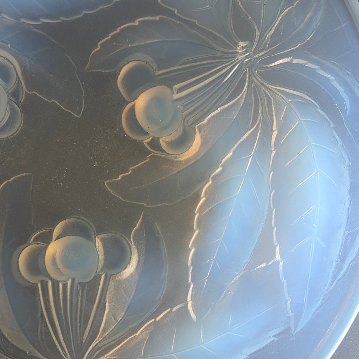 Pair of Signed 1930s French Opalescent Glass Bowls – G Vallon – Vintage Cherries Design