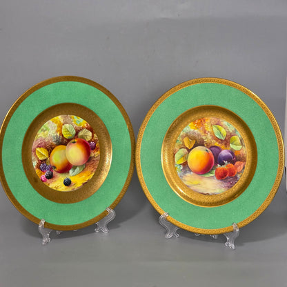 Pair Antique Wedgwood Hand Painted Fruit Plates (27cm) Ad Holland Emerald Green Gilt C1910