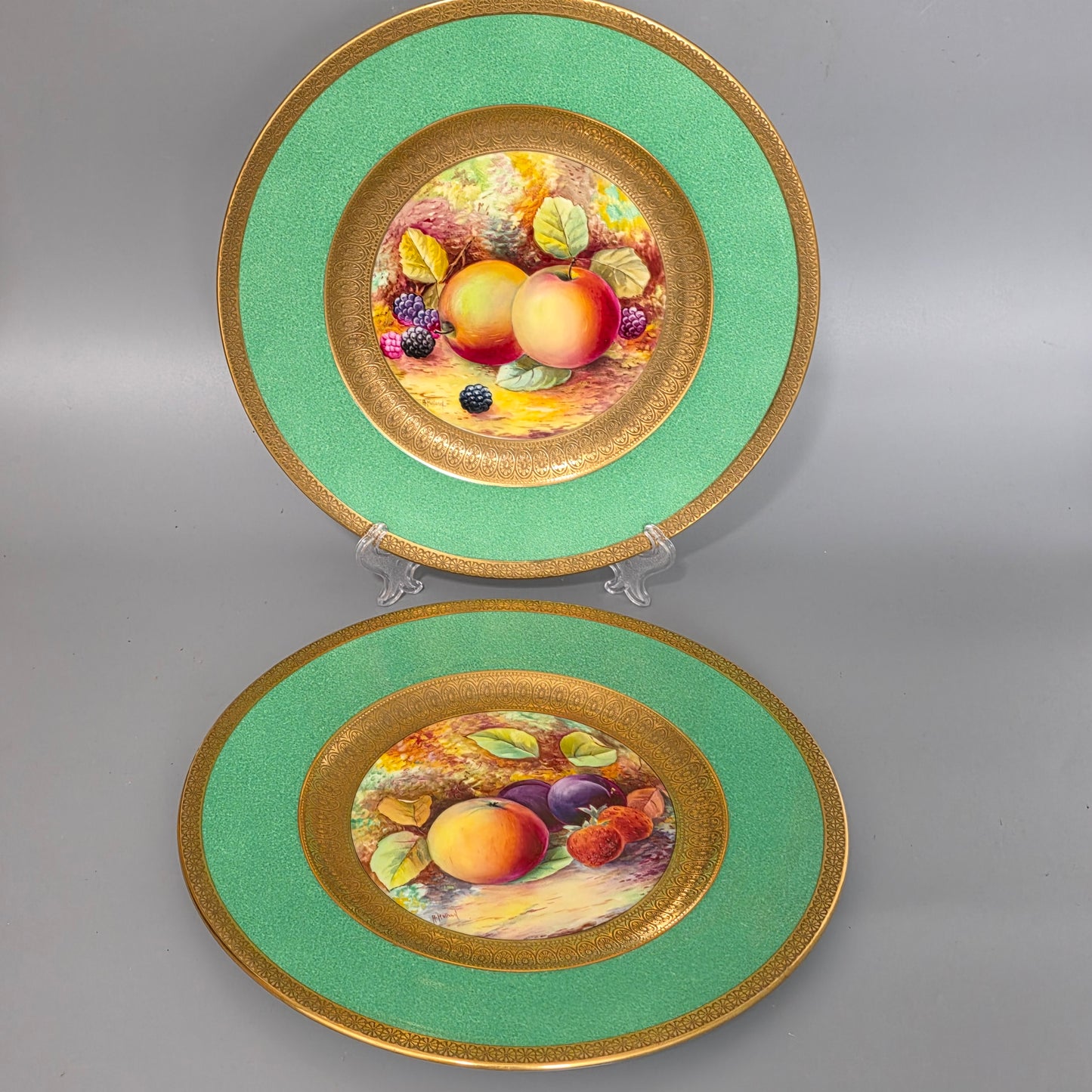 Pair Antique Wedgwood Hand Painted Fruit Plates (27cm) Ad Holland Emerald Green Gilt C1910