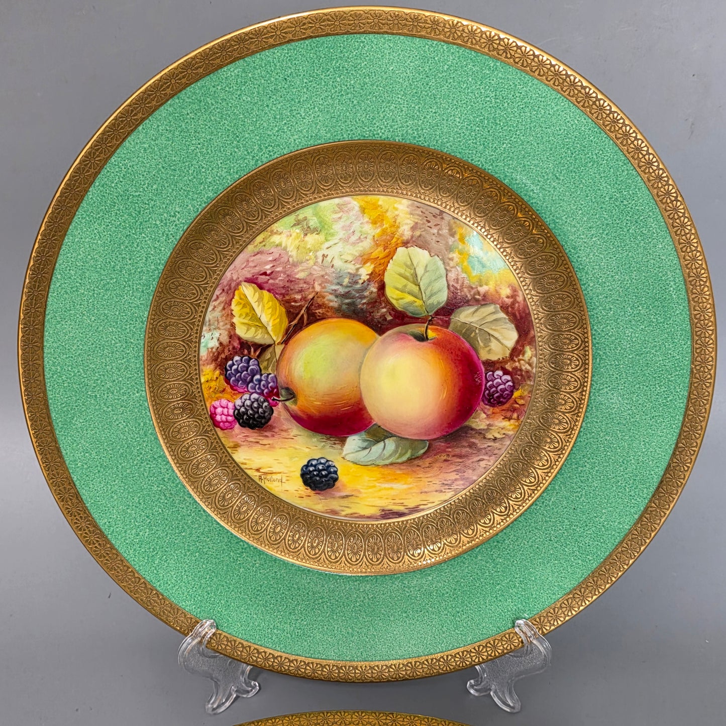 Pair Antique Wedgwood Hand Painted Fruit Plates (27cm) Ad Holland Emerald Green Gilt C1910