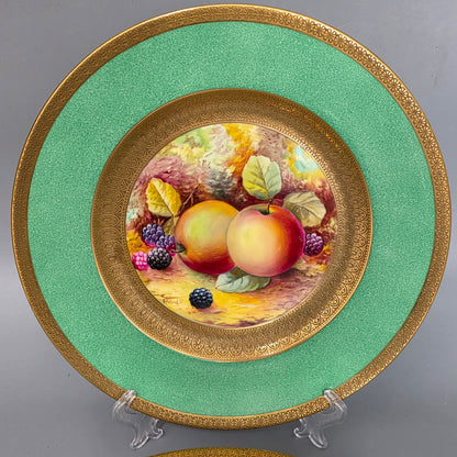 Pair Antique Wedgwood Hand Painted Fruit Plates (27cm) Ad Holland Emerald Green Gilt C1910