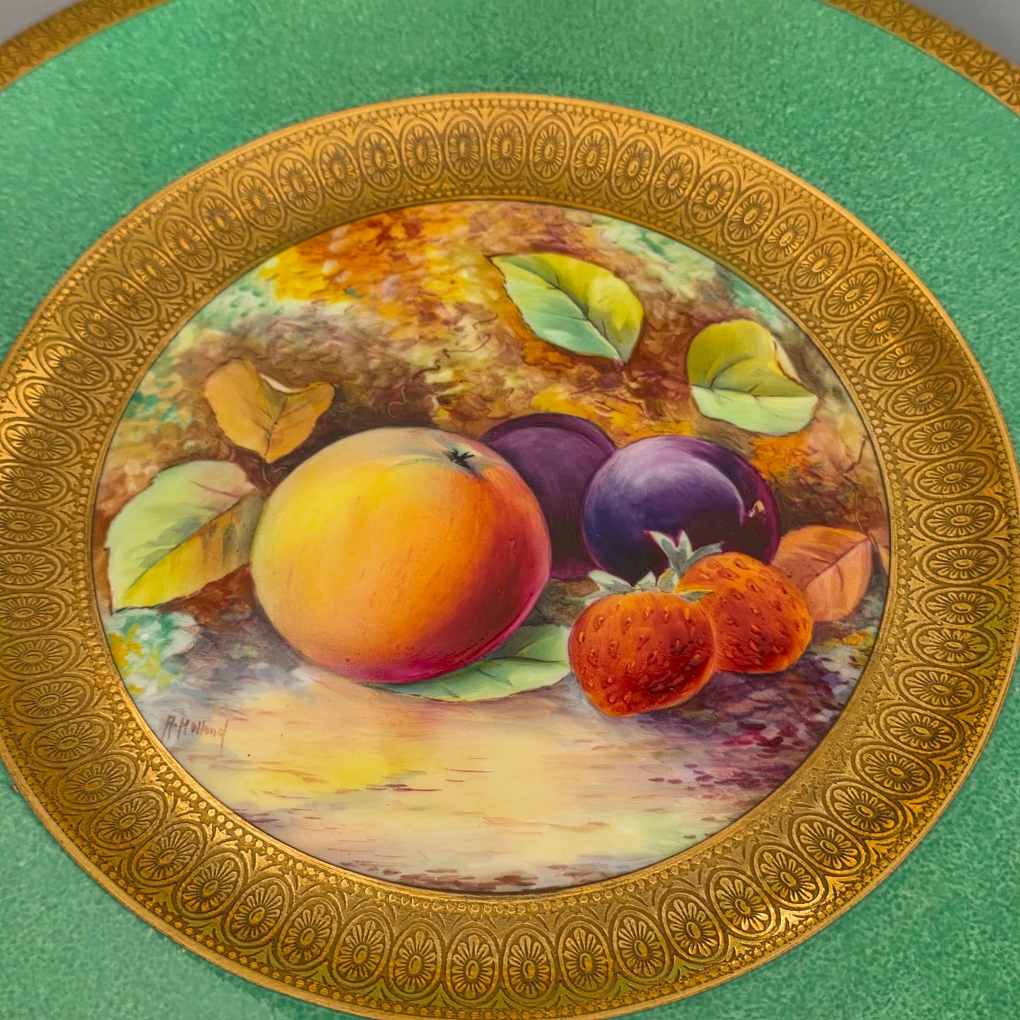 Pair Antique Wedgwood Hand Painted Fruit Plates (27cm) Ad Holland Emerald Green Gilt C1910