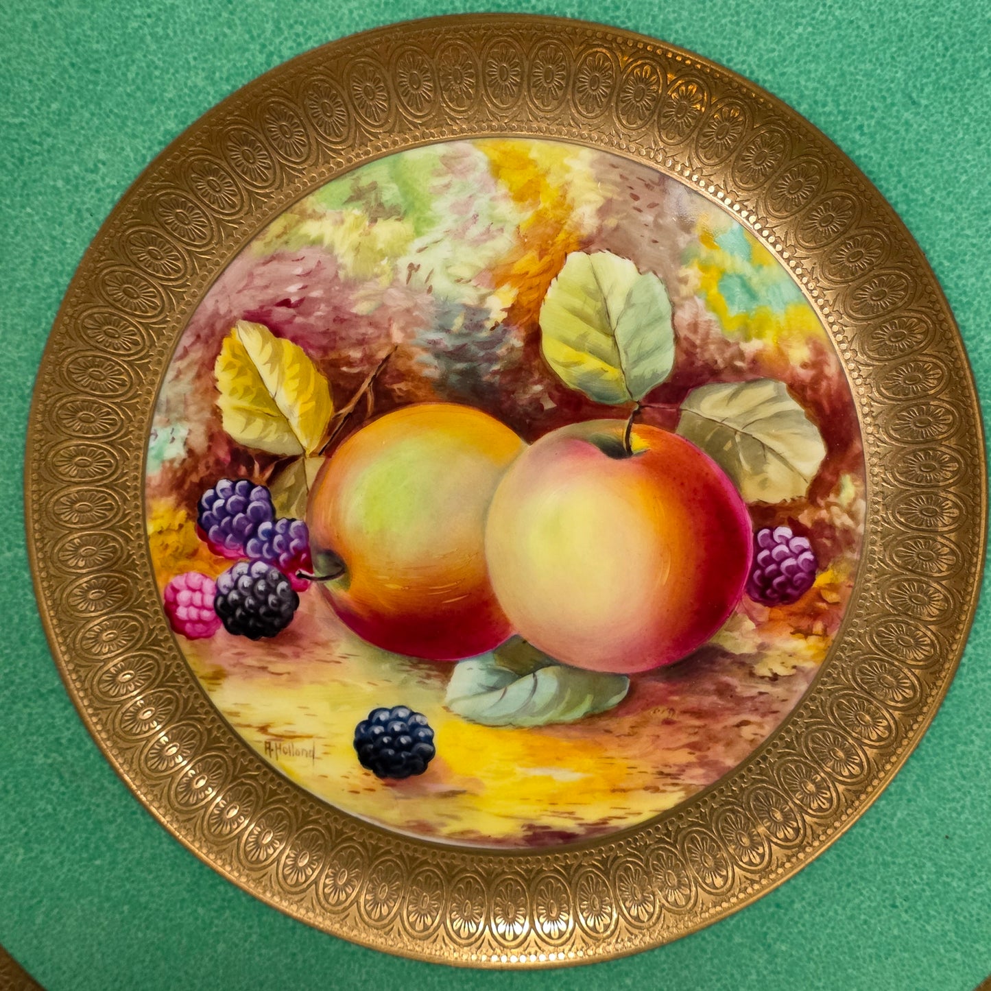 Pair Antique Wedgwood Hand Painted Fruit Plates (27cm) Ad Holland Emerald Green Gilt C1910