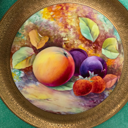 Pair Antique Wedgwood Hand Painted Fruit Plates (27cm) Ad Holland Emerald Green Gilt C1910