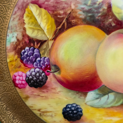 Pair Antique Wedgwood Hand Painted Fruit Plates (27cm) Ad Holland Emerald Green Gilt C1910