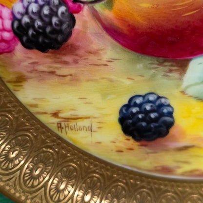 Pair Antique Wedgwood Hand Painted Fruit Plates (27cm) Ad Holland Emerald Green Gilt C1910