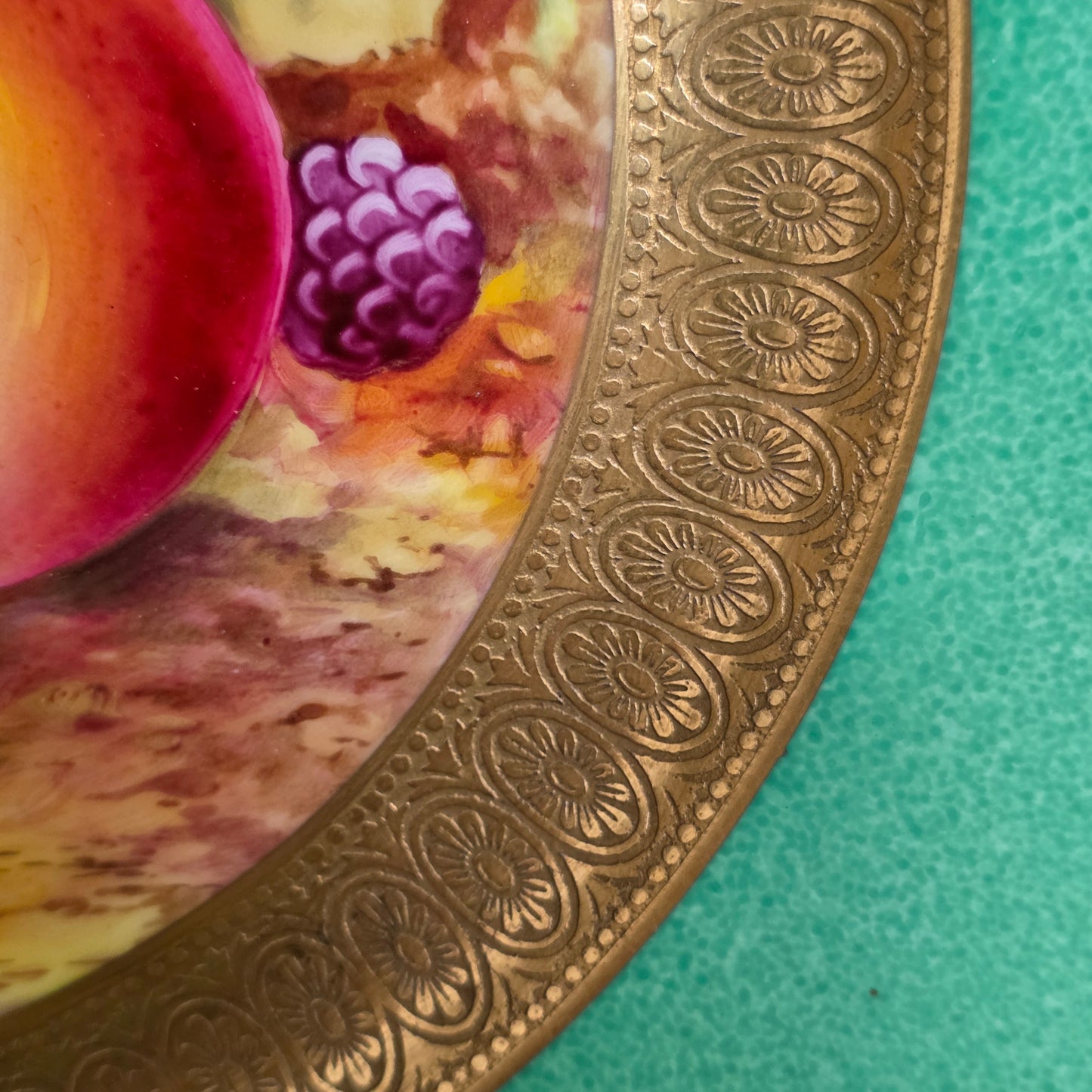 Pair Antique Wedgwood Hand Painted Fruit Plates (27cm) Ad Holland Emerald Green Gilt C1910