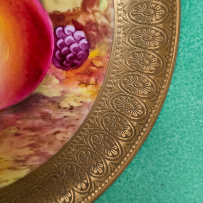 Pair Antique Wedgwood Hand Painted Fruit Plates (27cm) Ad Holland Emerald Green Gilt C1910