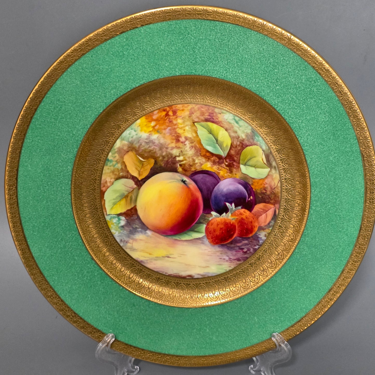 Pair Antique Wedgwood Hand Painted Fruit Plates (27cm) Ad Holland Emerald Green Gilt C1910