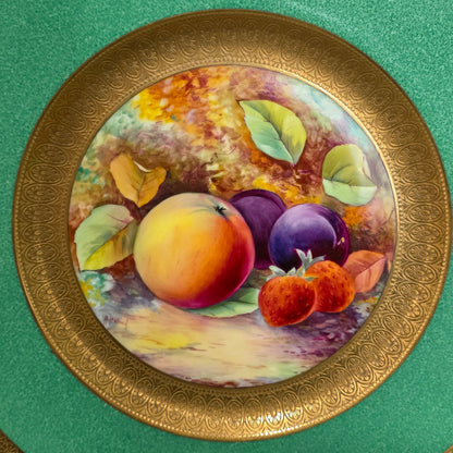 Pair Antique Wedgwood Hand Painted Fruit Plates (27cm) Ad Holland Emerald Green Gilt C1910