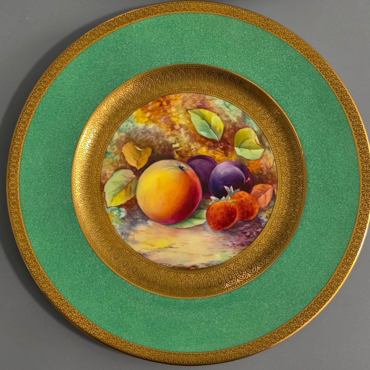 Pair Antique Wedgwood Hand Painted Fruit Plates (27cm) Ad Holland Emerald Green Gilt C1910