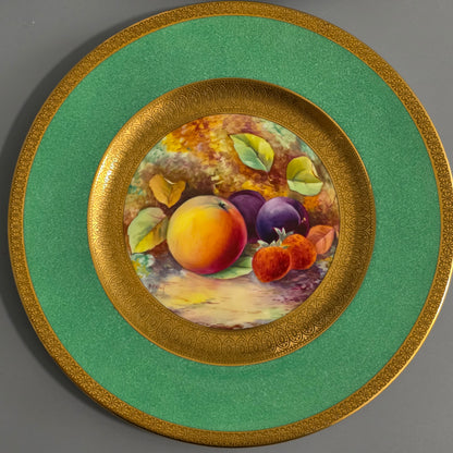 Pair Antique Wedgwood Hand Painted Fruit Plates (27cm) Ad Holland Emerald Green Gilt C1910