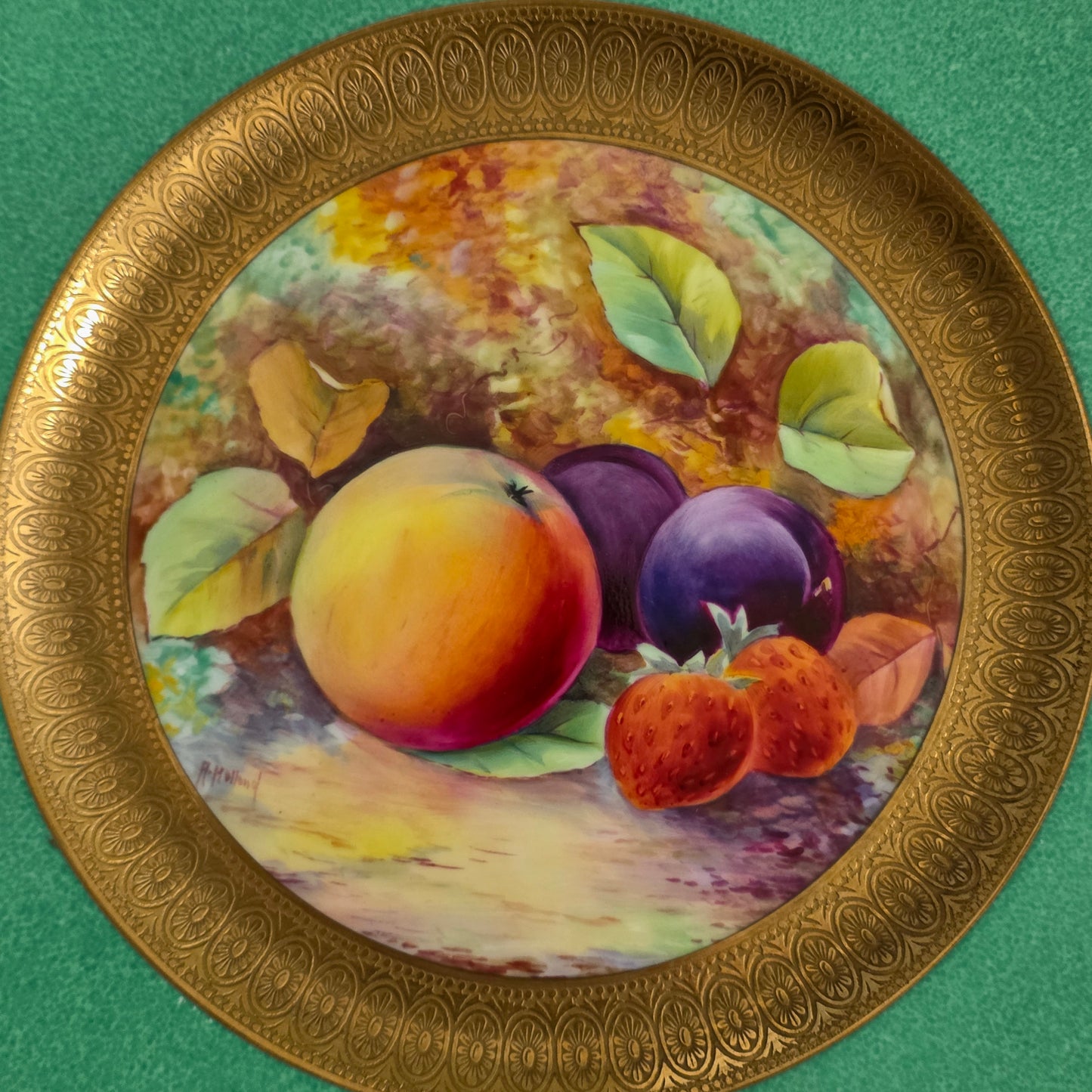 Pair Antique Wedgwood Hand Painted Fruit Plates (27cm) Ad Holland Emerald Green Gilt C1910