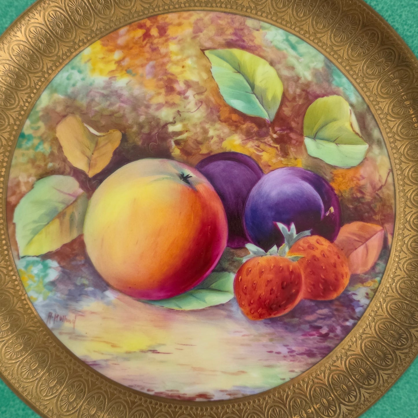 Pair Antique Wedgwood Hand Painted Fruit Plates (27cm) Ad Holland Emerald Green Gilt C1910