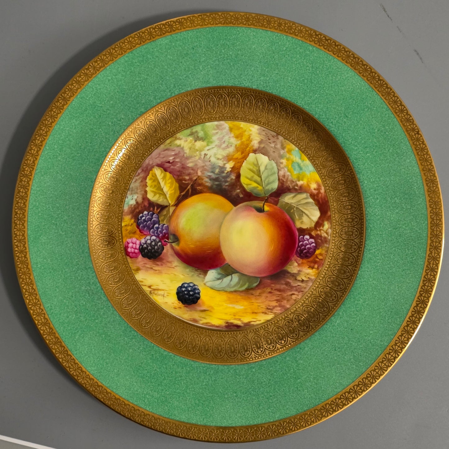 Pair Antique Wedgwood Hand Painted Fruit Plates (27cm) Ad Holland Emerald Green Gilt C1910