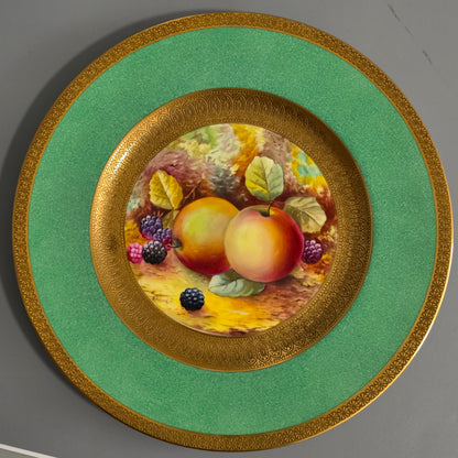 Pair Antique Wedgwood Hand Painted Fruit Plates (27cm) Ad Holland Emerald Green Gilt C1910