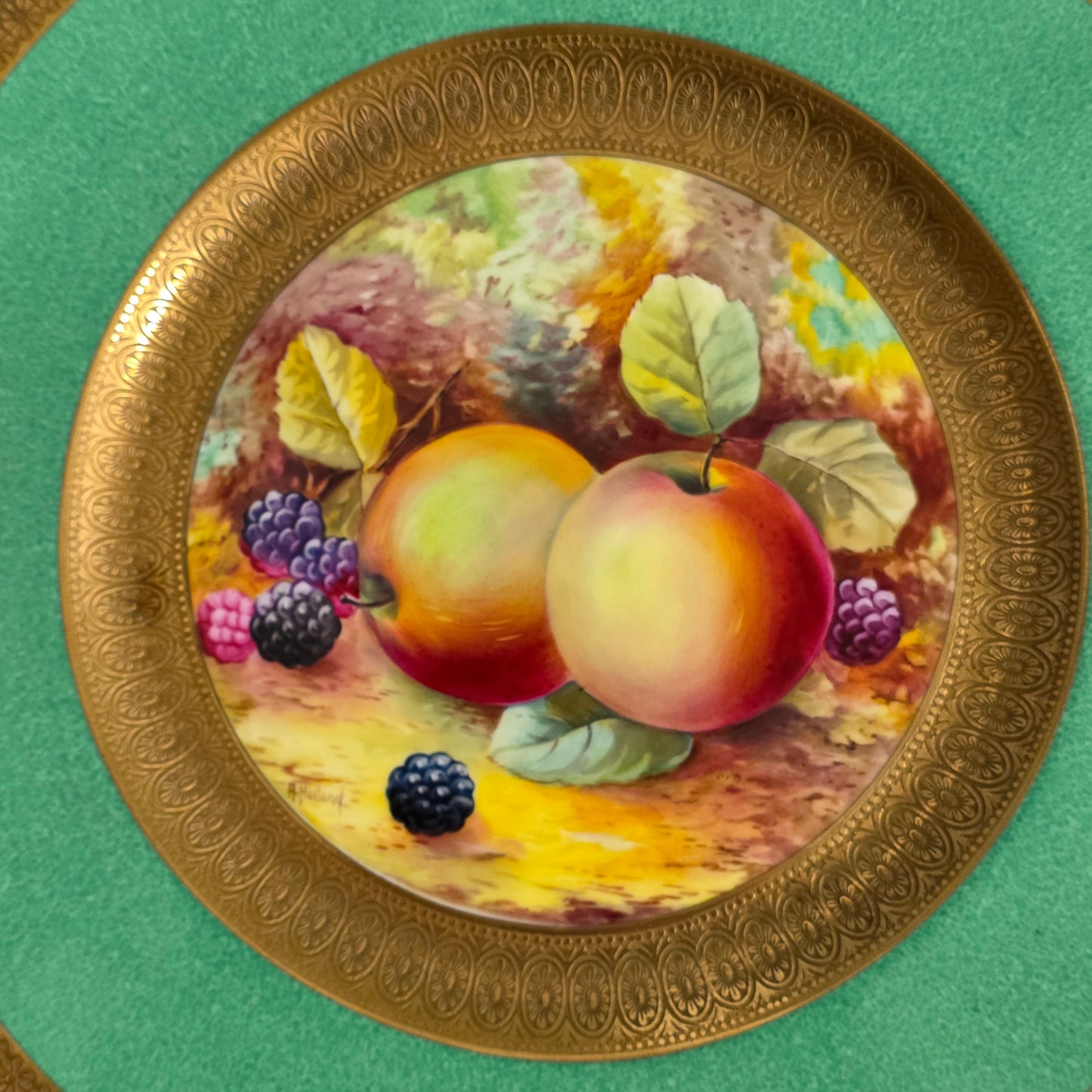 Pair Antique Wedgwood Hand Painted Fruit Plates (27cm) Ad Holland Emerald Green Gilt C1910