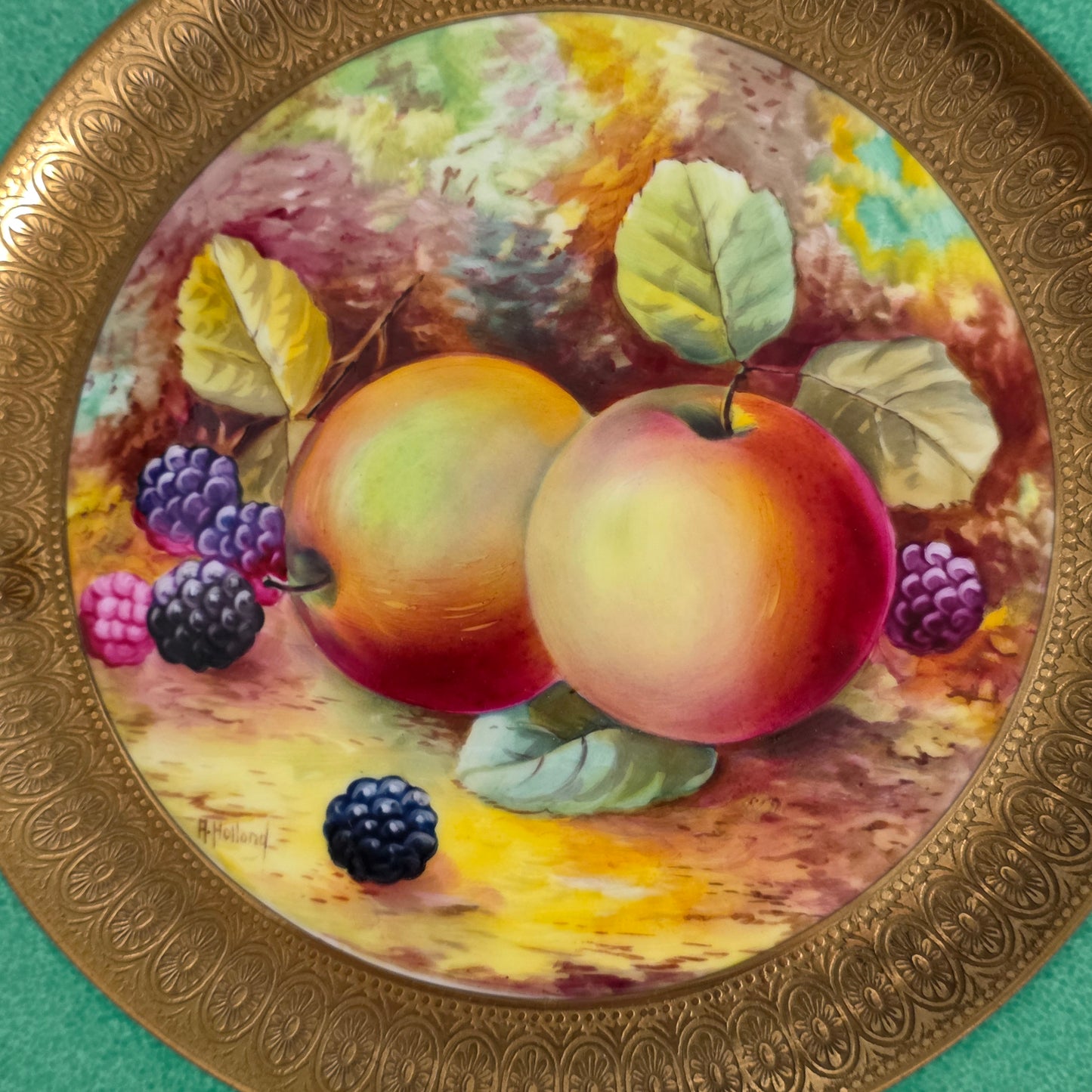 Pair Antique Wedgwood Hand Painted Fruit Plates (27cm) Ad Holland Emerald Green Gilt C1910