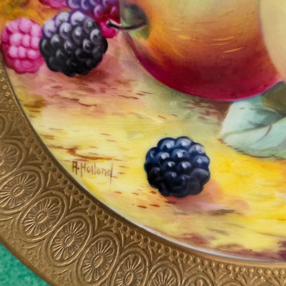 Pair Antique Wedgwood Hand Painted Fruit Plates (27cm) Ad Holland Emerald Green Gilt C1910