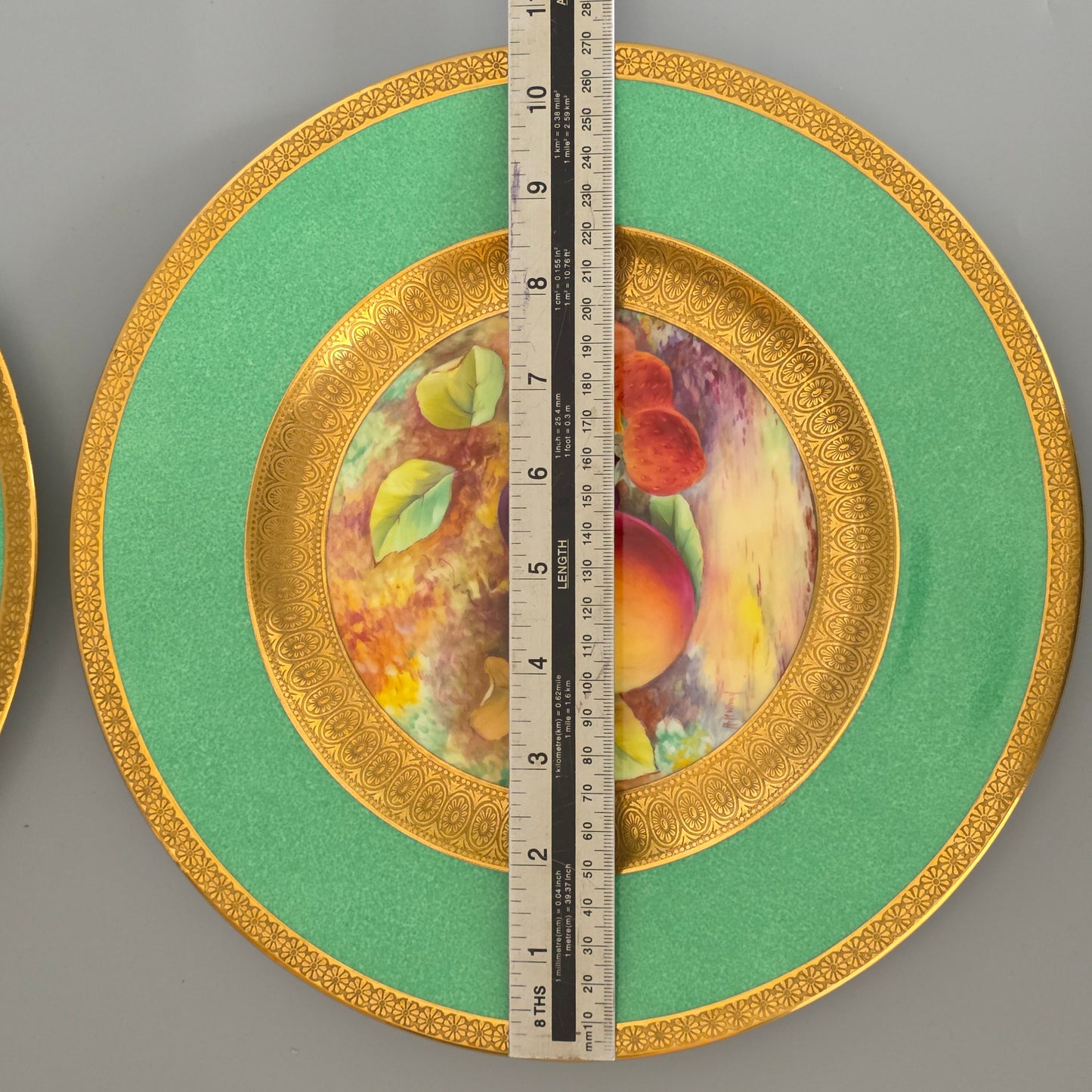 Pair Antique Wedgwood Hand Painted Fruit Plates (27cm) Ad Holland Emerald Green Gilt C1910