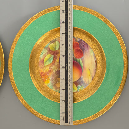 Pair Antique Wedgwood Hand Painted Fruit Plates (27cm) Ad Holland Emerald Green Gilt C1910