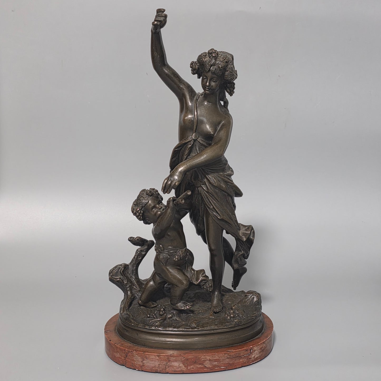 Antique European Bronze Bacchante & Putto Sculpture Marble Base 36cm