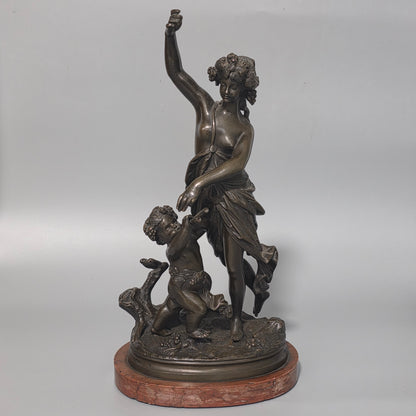 Antique European Bronze Bacchante & Putto Sculpture Marble Base 36cm