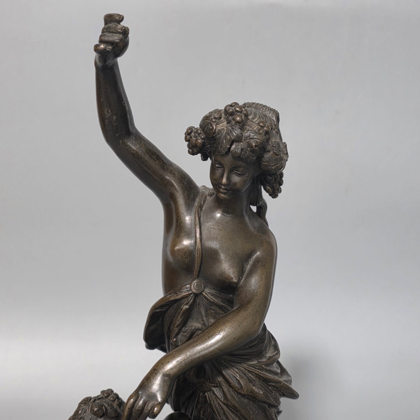 Antique European Bronze Bacchante & Putto Sculpture Marble Base 36cm
