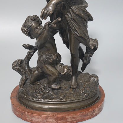 Antique European Bronze Bacchante & Putto Sculpture Marble Base 36cm