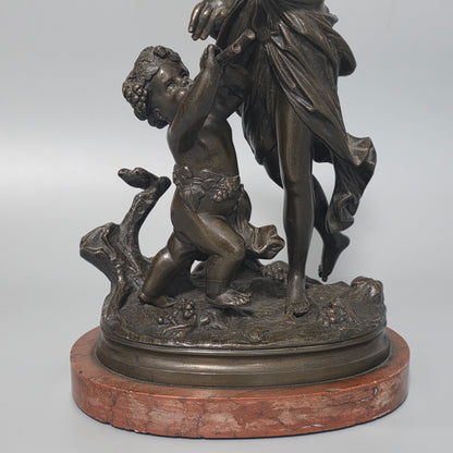 Antique European Bronze Bacchante & Putto Sculpture Marble Base 36cm