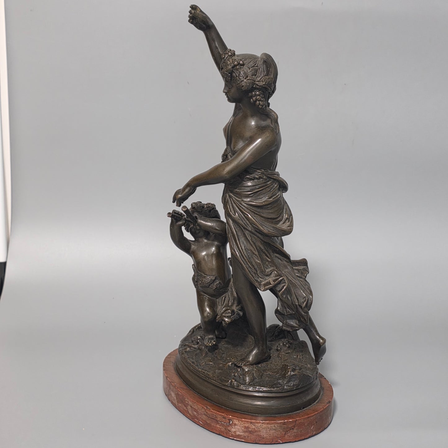 Antique European Bronze Bacchante & Putto Sculpture Marble Base 36cm