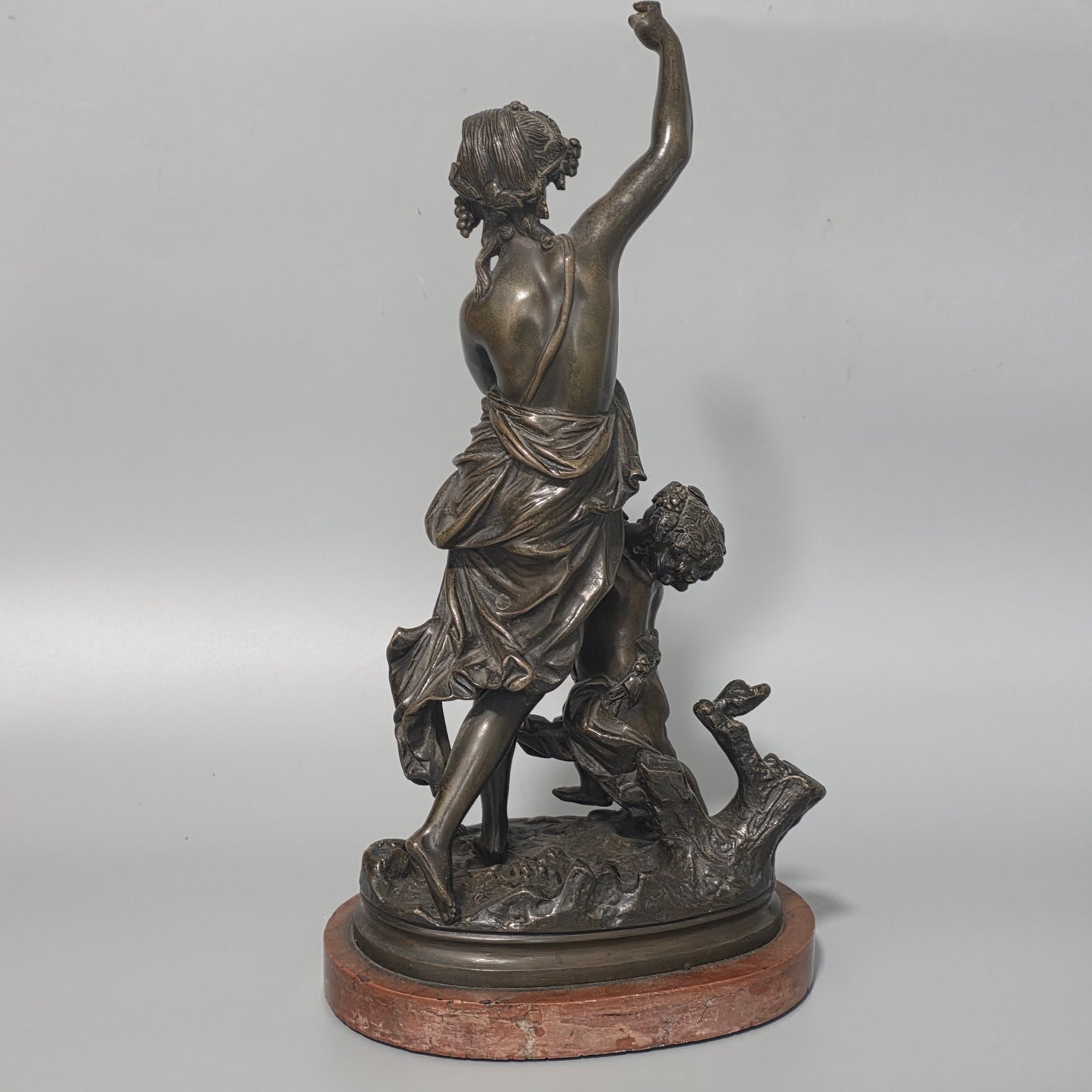 Antique European Bronze Bacchante & Putto Sculpture Marble Base 36cm