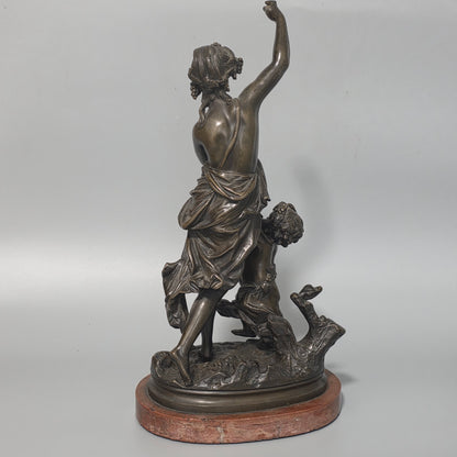 Antique European Bronze Bacchante & Putto Sculpture Marble Base 36cm