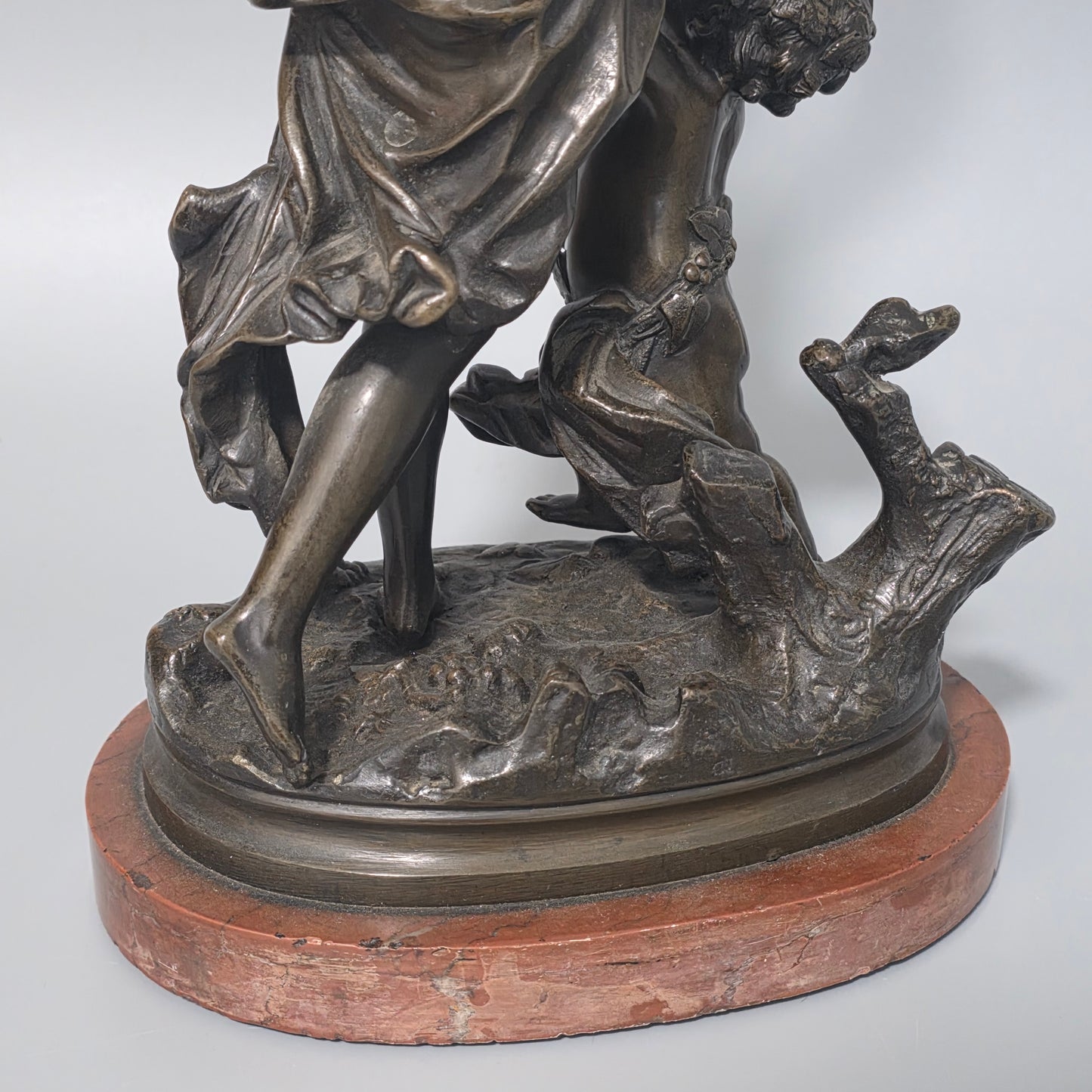 Antique European Bronze Bacchante & Putto Sculpture Marble Base 36cm