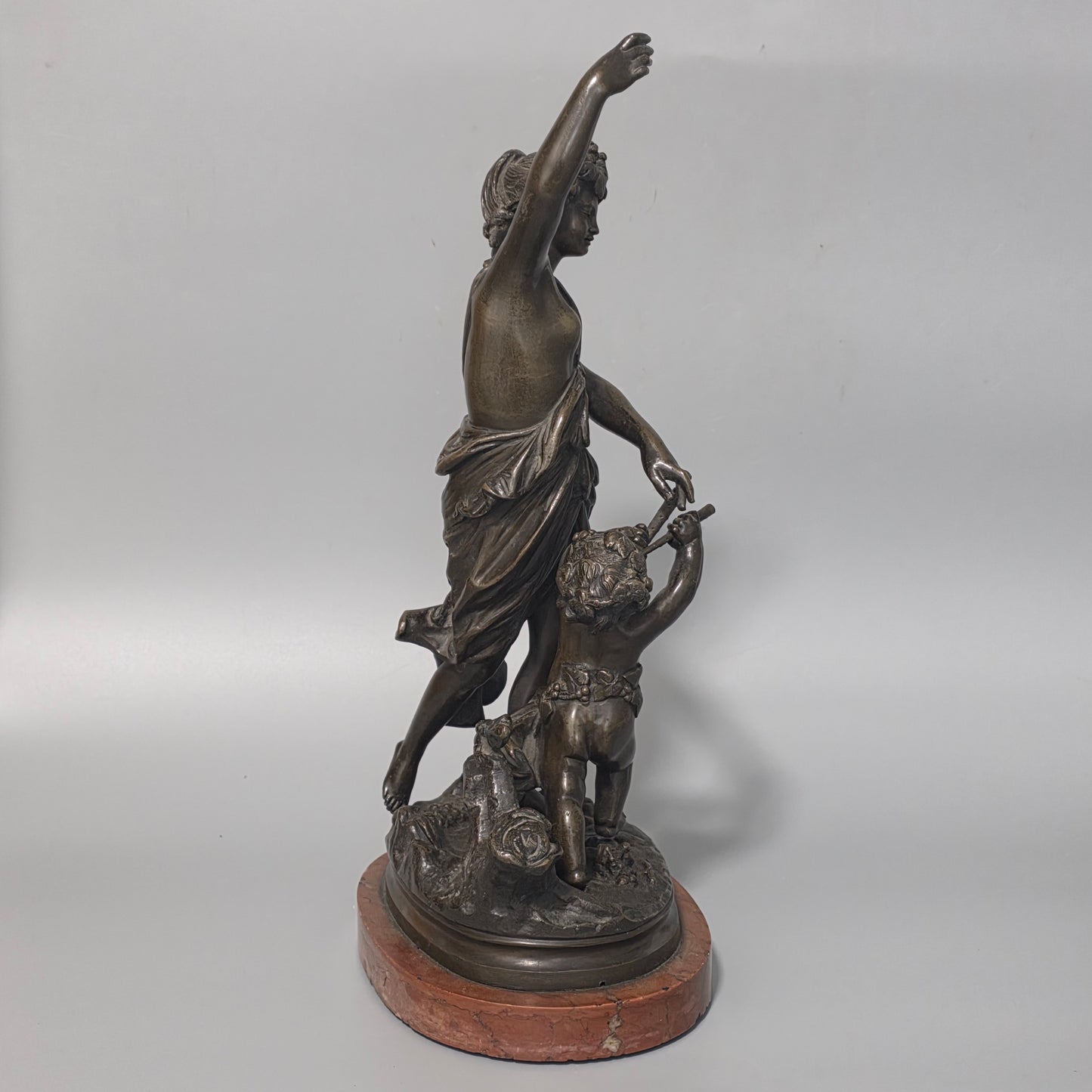 Antique European Bronze Bacchante & Putto Sculpture Marble Base 36cm