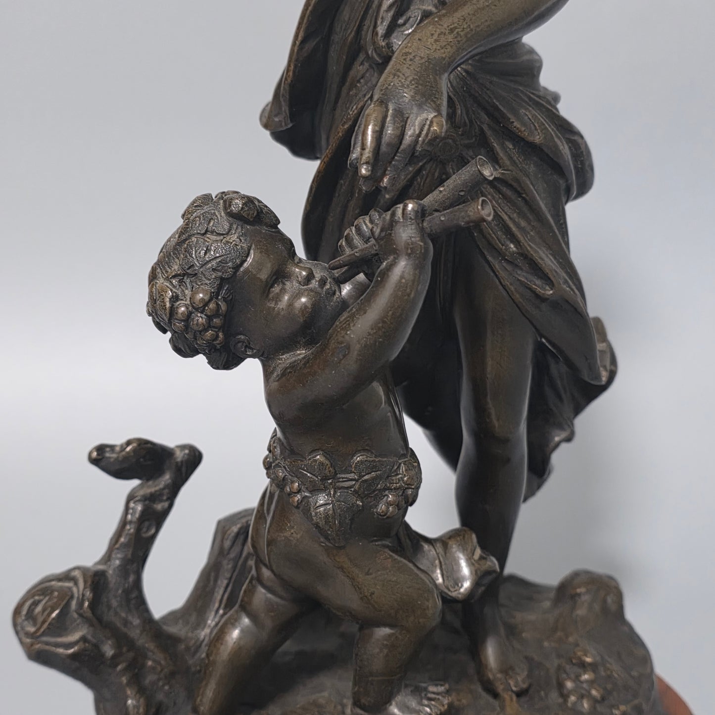 Antique European Bronze Bacchante & Putto Sculpture Marble Base 36cm