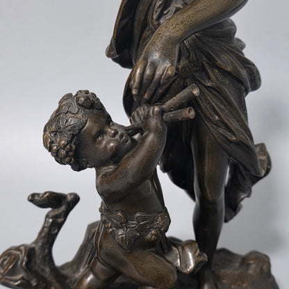 Antique European Bronze Bacchante & Putto Sculpture Marble Base 36cm