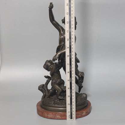 Antique European Bronze Bacchante & Putto Sculpture Marble Base 36cm